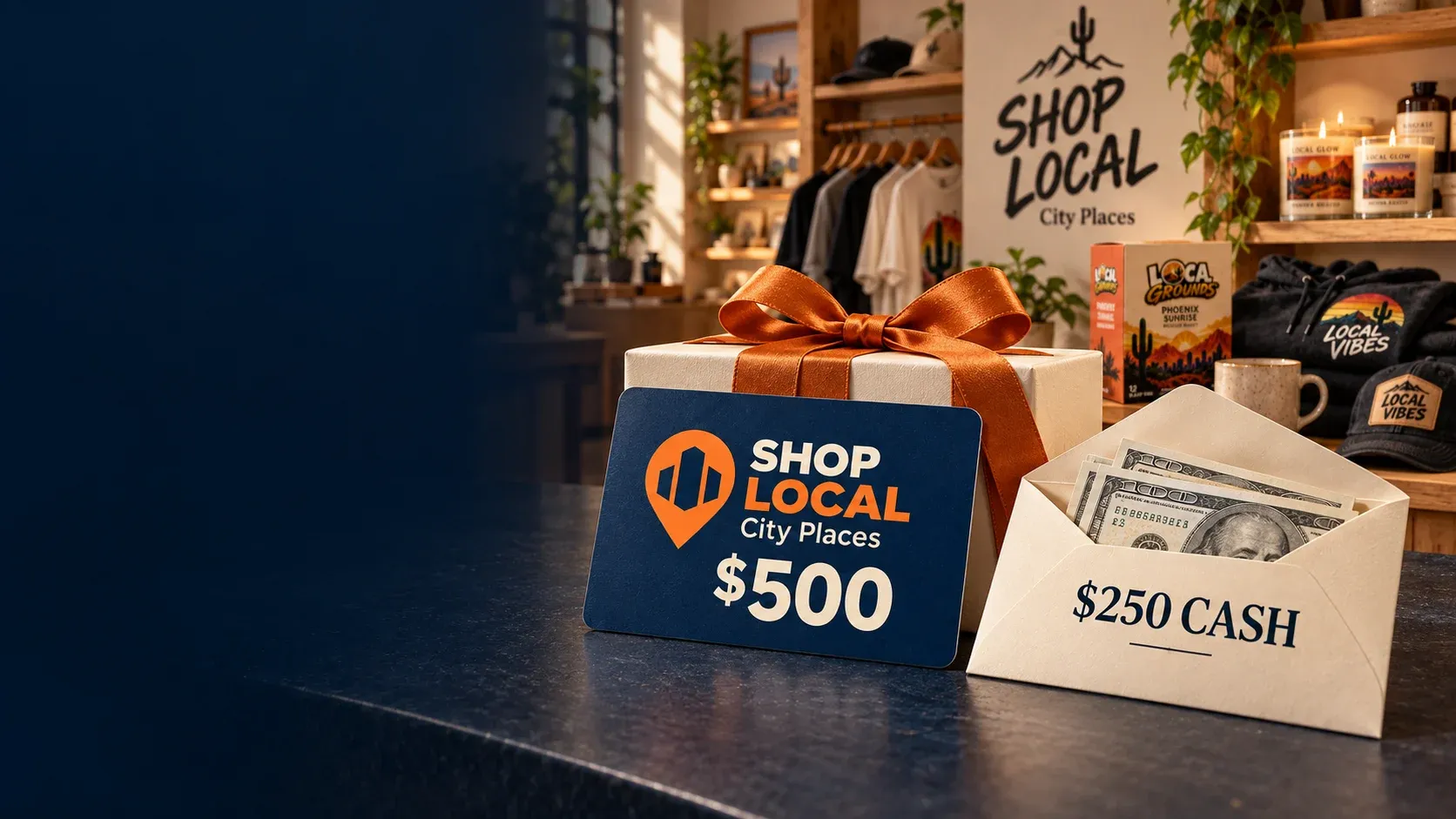 $500 SHOP LOCAL Pennsylvania Places gift card and $250 cash envelope in front of a SHOP LOCAL store and product display.